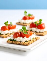 Appetizing tomato and ricotta canap?s on seeded crackers, garnished with microgreens and sesame seeds