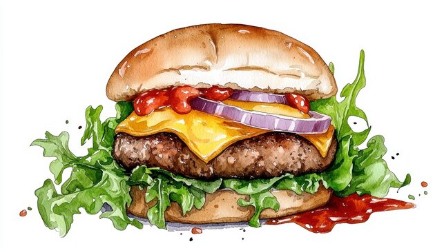 Juicy Watercolor Cheeseburger with Lettuce and Ketchup