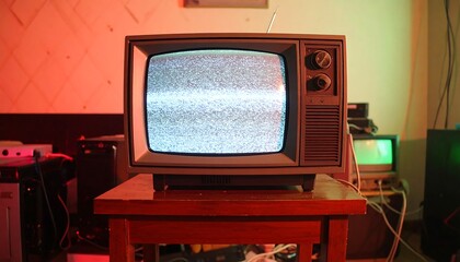 Nostalgic glow of vintage television set displaying static in dimly lit environment