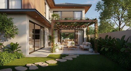 Fototapeta premium Exterior view of a modern two-story house with a pergola-covered patio, featuring a stone pathway and lush greenery, rendered in a warm, inviting style against a sunny