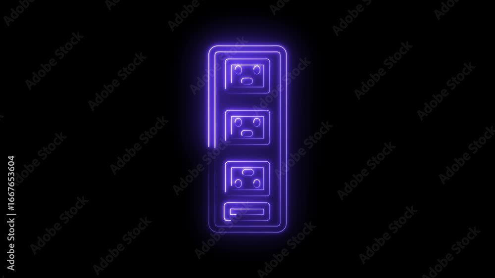 Poster glowing purple neon power strip icon with multiple outlets on a black background representing