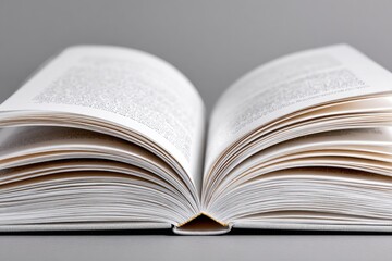 Open book, pages spread wide on gray surface