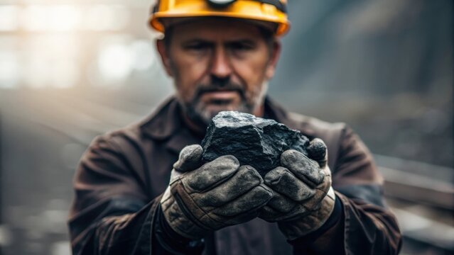 Miner holding lump of coal in rugged hands — symbolizing hard labor and energy industry - Powered by Adobe