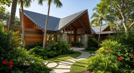 Fototapeta premium Exterior view of a modern tropical home showcasing stone and wood architecture, featuring a landscaped pathway leading to the entrance, with lush green foliage and palm
