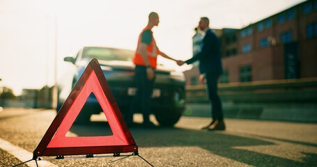 Warning sign, handshake and roadside assistance with man for car breakdown, fail or help. Shaking...
