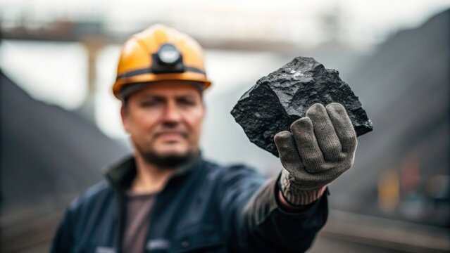 Worker displaying raw coal piece — concept of traditional industry and fuel production
