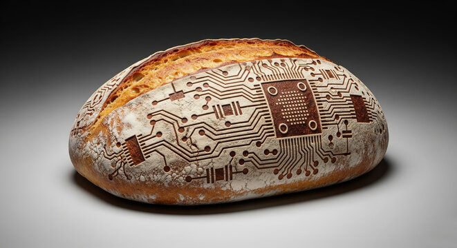Conceptual photo of a fresh sourdough bread with a computer circuit board pattern, symbolizing food technology