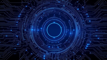 Blue futuristic technology background with circuit board and neon glowing lights design