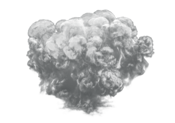 Realistic grey smoke explosion cloud with detailed texture, dynamic blast effect, abstract vapor puff illustration perfect for poster, game asset, or dramatic visual design.