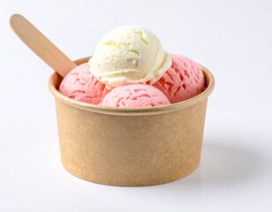 Ice Cream Cup with Strawberry and Vanilla Scoops on White Background