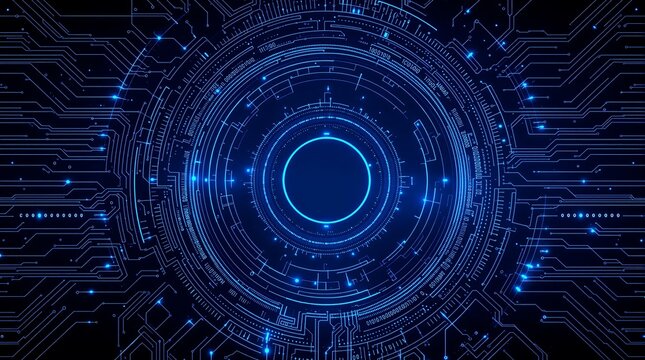 Blue futuristic technology background with circuit board and neon glowing lights design