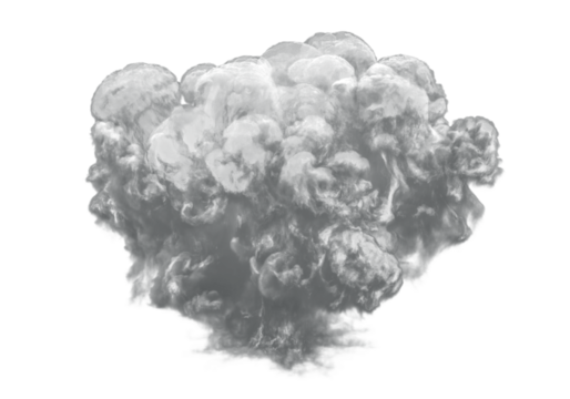 Realistic grey smoke explosion cloud with detailed texture, dynamic blast effect, abstract vapor puff illustration perfect for poster, game asset, or dramatic visual design.