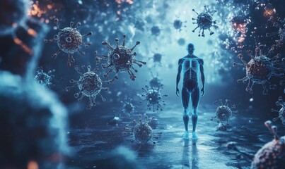 Visual representation of the immune system concept where a shielded human figure stands against floating microbes This metaphor illustrates the 's robust defense mechanisms, Generative AI