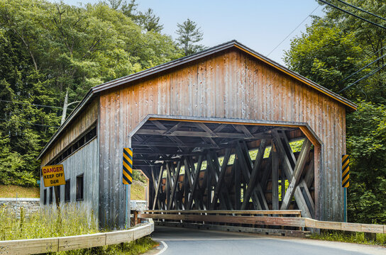 Historic Bissell Covered Bridge in Charlemont, Massachusetts, USA, a reconstructed wooden bridge spanning Mill Brook