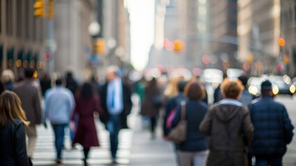 Fototapeta premium People walking in blurred city scene — symbolizing rush hour and busy urban lifestyle