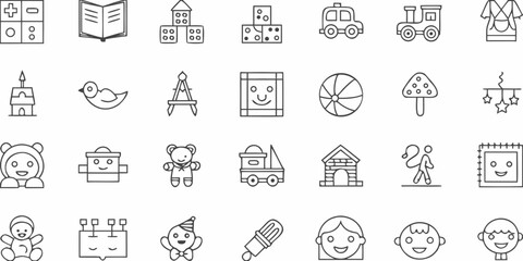 Collection of outlined baby and toddler toys education and care icons