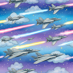 seamless pattern cartoon fighting jets with colorful night