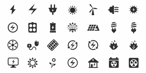 Set of black and white energy icons for web and print design