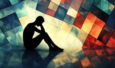 Conceptual illustration highlighting mental health challenges where a person sits deep in thought against an abstract background of interconnected cubes The image symbolizes, Generative AI