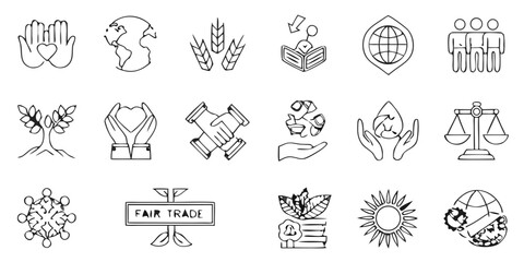 Fair Trade and Sustainability Icon Set in White Outline Style on Black