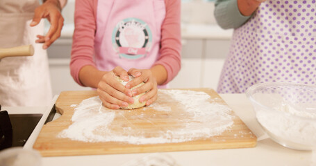 Baking, dough and hands of family in kitchen together for child development, learning or recipe....