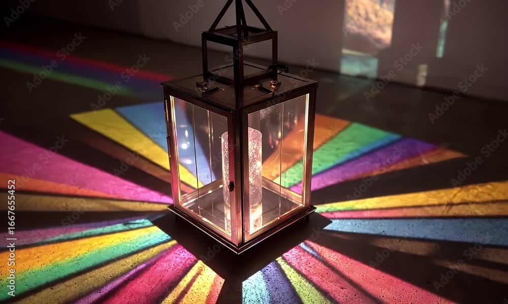 Poster geometric metal lantern projecting colorful light patterns onto a dark surface creating a vibrant ra