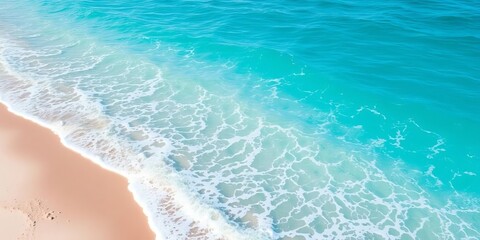 Serene turquoise ocean waves gently lapping a sandy shore, sky, color