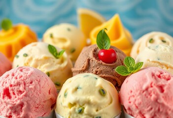 Scoops of vibrant Hawaiian ice cream in various tropical flavors, tasty, coconut