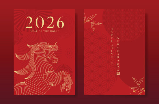 Happy Chinese new year 2026 poster vector set. Year of the horse zodiac template with horse, pattern, leaves line art on red background. Design for card, cover, Happy New Year, ads.