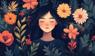 Conceptual illustration of mental health issues, symbolized by a sad girl surrounded by flowers and floral elements. The contrast between her melancholic demeanor and the vibrant, Generative AI
