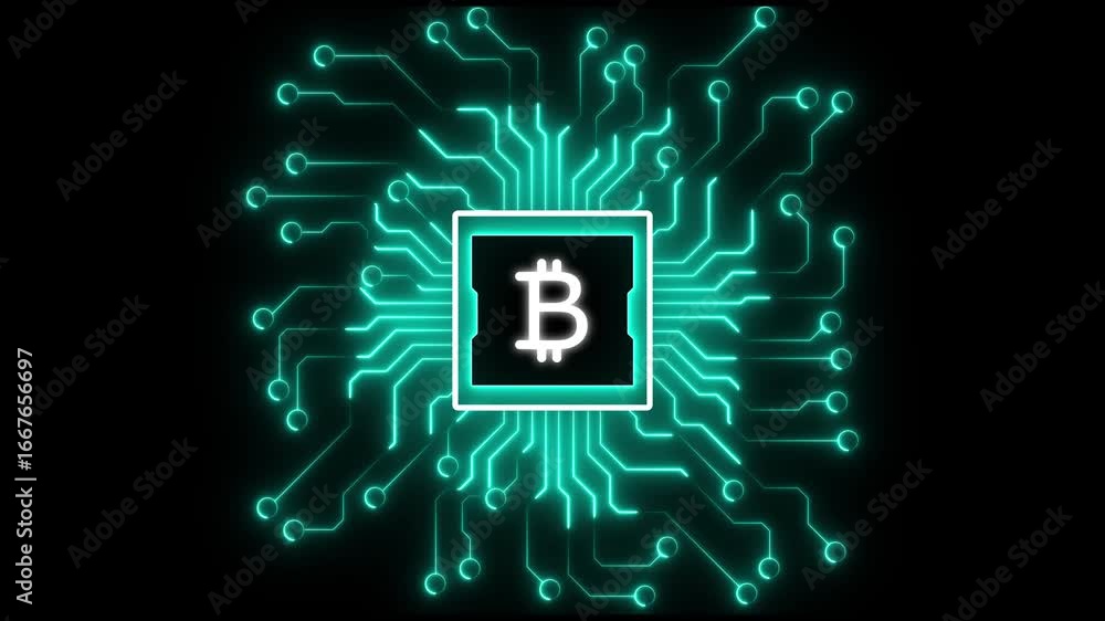 Poster bitcoin on circuit board with glowing lights and digital network flow. bitcoin on circuit board back
