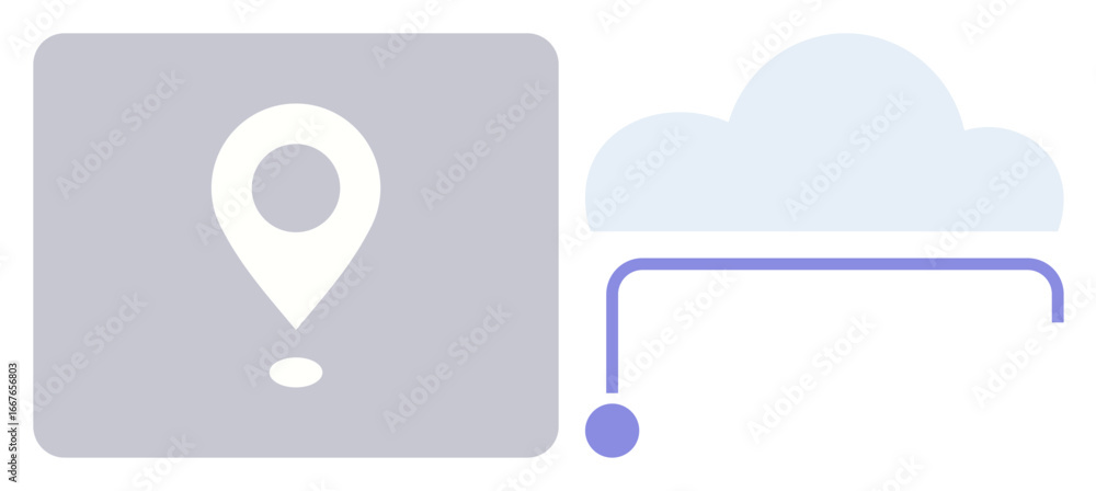 Poster minimalist location pin next to a cloud icon connected by a line. ideal for technology, cloud comput