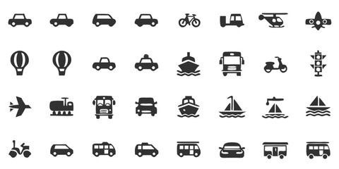 Collection of Transportation Icons in Silhouette Style on Black Background