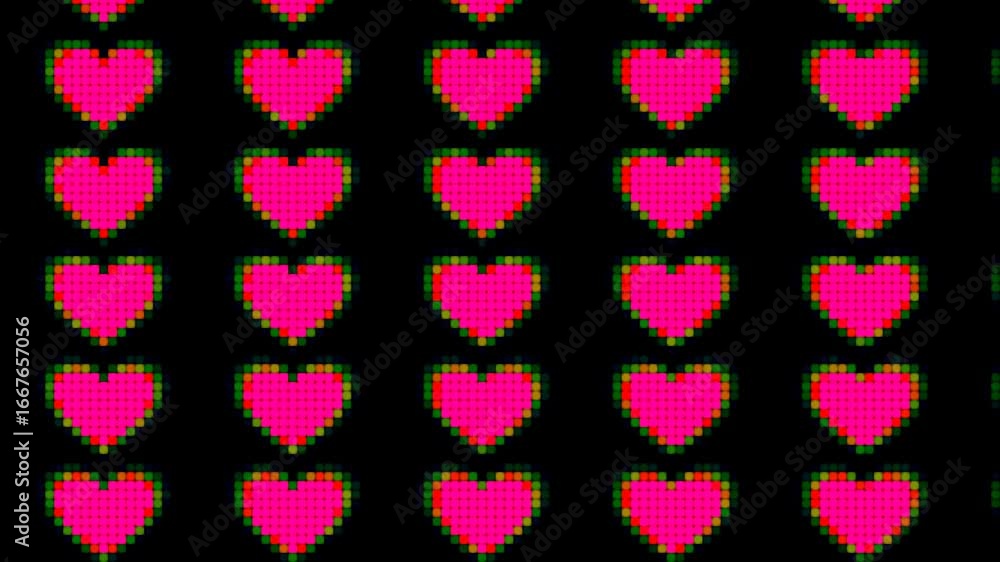 Fototapete seamless 4k loop animation of abstract 8 bit heart pattern made of dots, romantic animation pixel ar