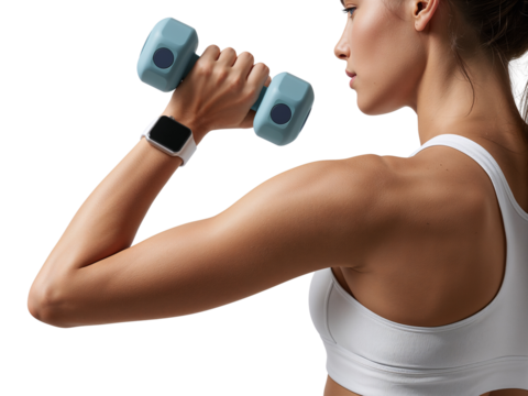 Focused female athlete exercising with dumbbell showcasing fitness smartwatch technology during