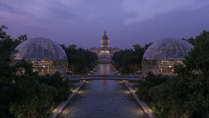 Fototapeta premium Twilight spectacle of a monumental domed edifice, symmetrically framed by contemporary illuminated spheres and a serene reflective waterway, evoking a blend of historical grandeur and modern design