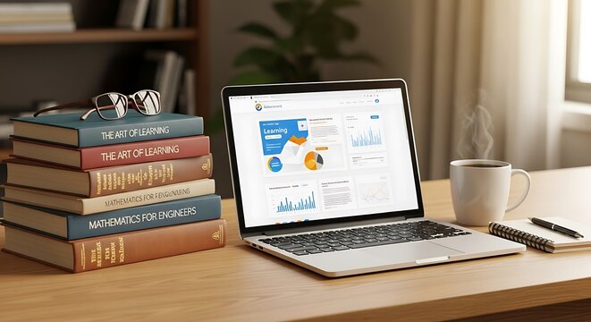 Laptop on a wooden desk with books, coffee, and glasses, showcasing online work. - Powered by Adobe