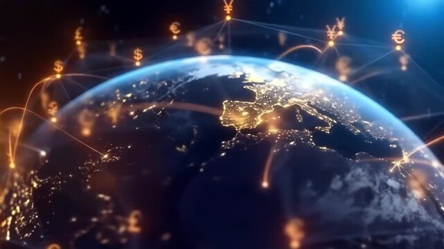 Global currency network visualized on a globe - Powered by Adobe