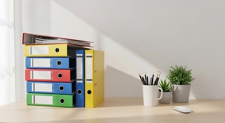 Colorful file folders stacked on a light wooden desk.