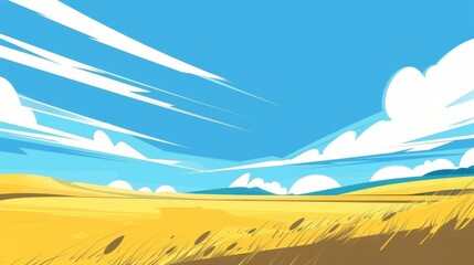 Obraz premium Fresh Spring Outing Wallpaper: Aesthetic Hand-Drawn Scene of Flower Sea & Blue Sky