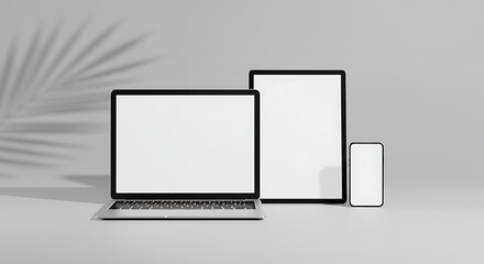 Laptop, tablet, and smartphone with blank screens are displayed against a gray background with a palm leaf shadow.