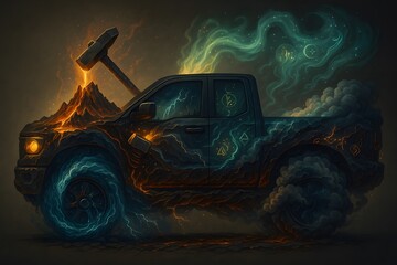 Naklejka premium Elemental Forge Truck – Alchemical Vehicle of Fire, Water, Earth, and Air
