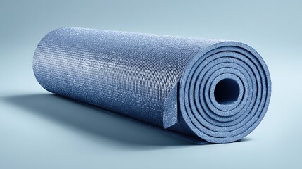 Rolled blue exercise mat with textured surface and visible layers, studio shot