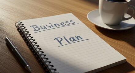 A business plan notebook with a pen and a cup of coffee on a wooden desk.