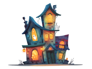 Spooky cartoon haunted house with ghost and lanterns isolated on a transparent background