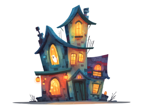 Spooky cartoon haunted house with ghost and lanterns isolated on a transparent background