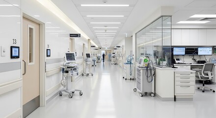 Bright, modern hospital hallway with various medical equipment, a nurse station, and a clean, sterile environment.