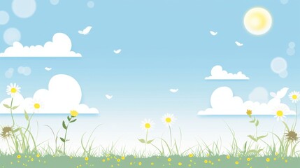 Fresh Spring Outing Wallpaper: Aesthetic Hand-Drawn Scene of Flower Sea & Blue Sky