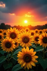 Obraz premium Majestic sunflowers facing the rising sun, vibrant colors , farm, golden hour photography, yellow