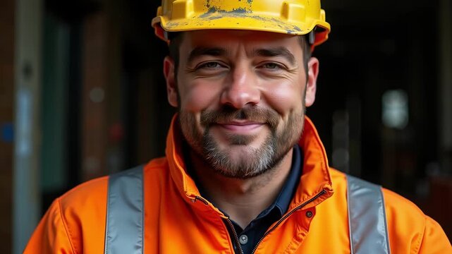 Confident construction worker with company logo on jacket, close-up portrait, professional video footage for industry projects